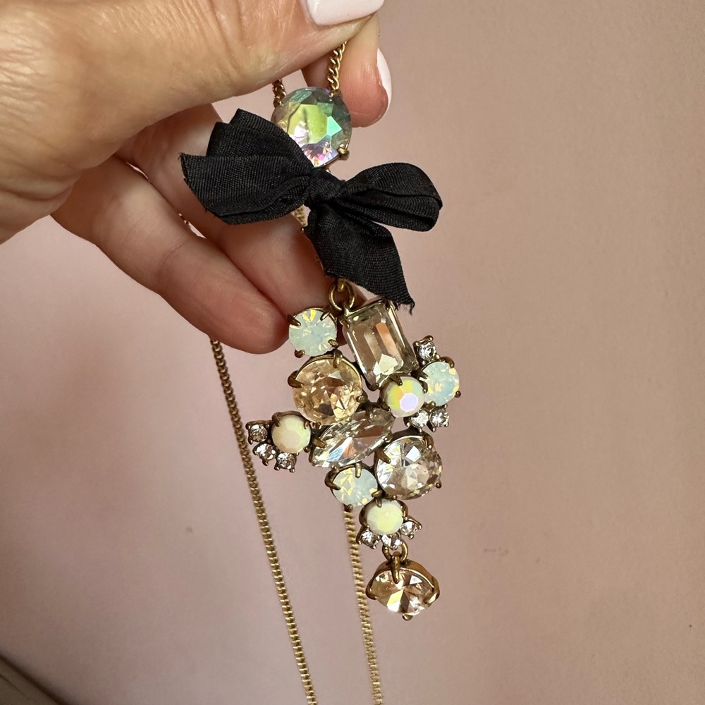 J. Crew Bronze Long White Clear Rhinestone Black Bow Pendant Necklace